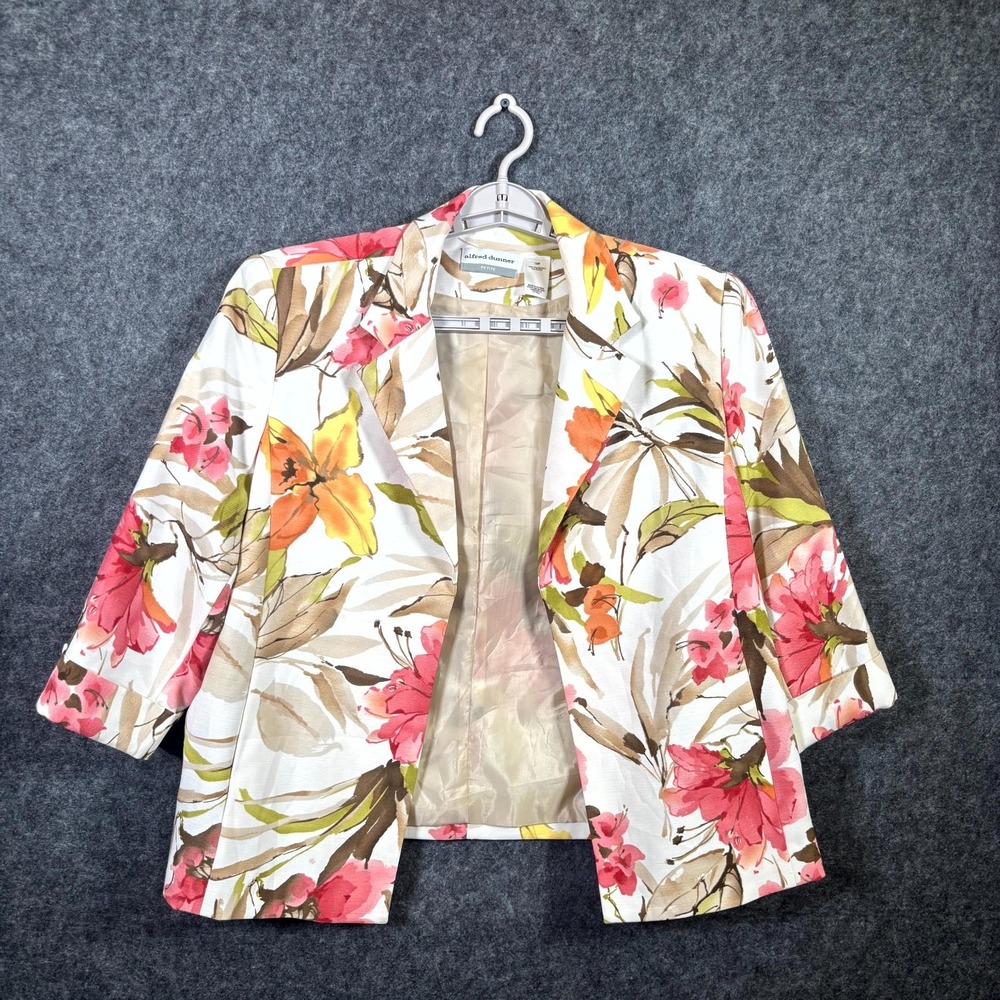 Alfred Dunner Blazer Coat Womens 18P Beige Polyester Lined Floral Tropical Beach